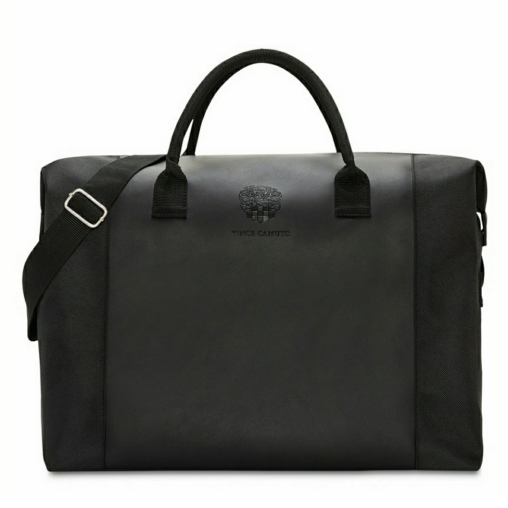 Vince Camuto Black Duffle Bag Weekender Travel Carry On Mixed Media Crest Logo